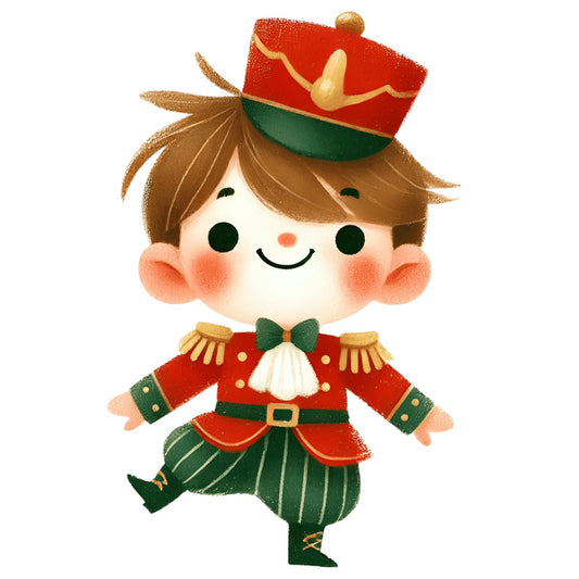christmas, holiday, nutcracker, soldier, red, forest green, gold, cream, whimsical, vintage, festive, marching band, military uniform, children's, cute, cheerful, happy face, bow tie, decorative panel, winter, seasonal, traditional, retro, jolly, brass buttons, epaulettes, bell buckle, toy soldier