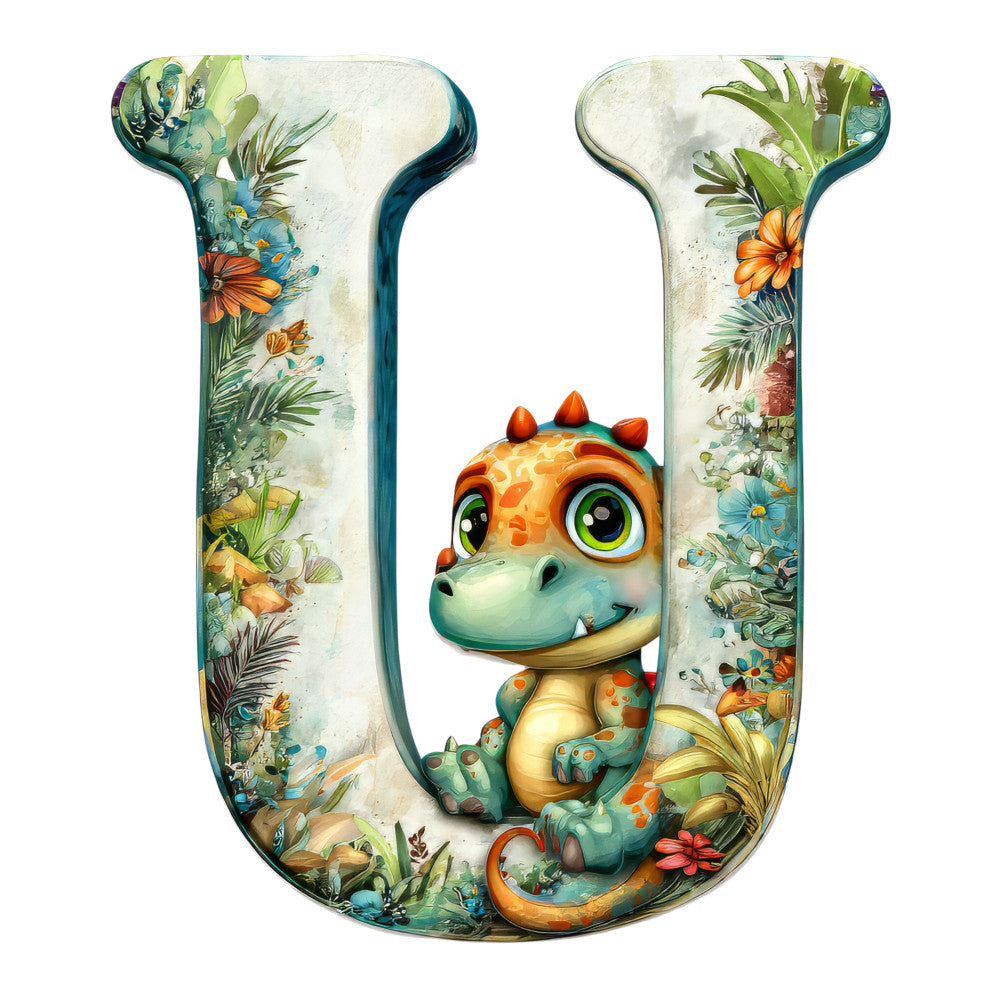 dinosaur, baby dragon, letter u, tropical flowers, jungle foliage, orange blooms, green leaves, teal accents, cream background, cute cartoon character, big green eyes, spotted pattern, fabric panel, quilting cotton, children's theme, whimsical illustration, nature elements, palm fronds, floral border, nursery decor