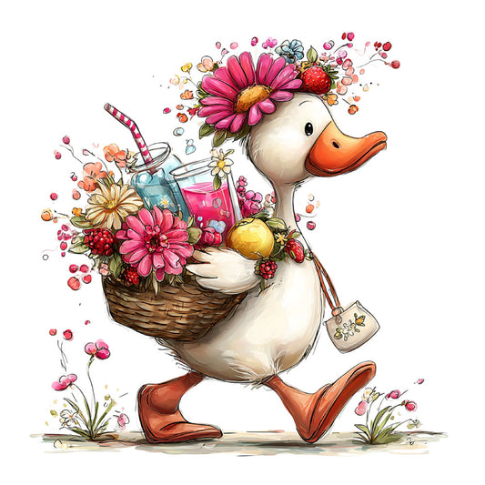 duck, whimsical, floral, spring, animals, hot pink, coral pink, cream, orange, yellow, gold, red berries, raspberries, strawberries, flowers, daisy, gerbera, botanical, nature, cottage core, farmhouse, sweet, cheerful, vibrant, colorful, decorative, illustration, folk art, country, cute