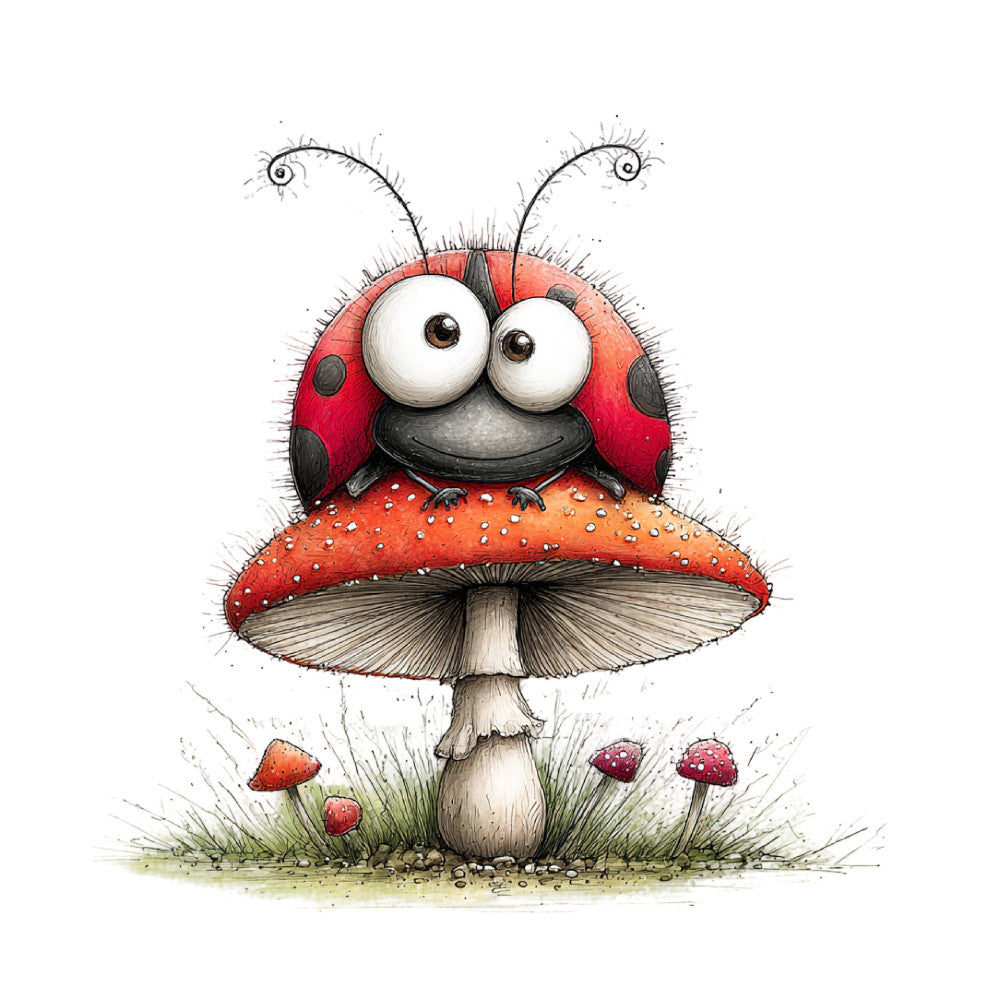 red and white, black accents, coral red, bright red, whimsical, cute, children's, animals, insects, ladybug, mushroom, nature, woodland, garden, spring, summer, playful, charming, illustrated, storybook, fantasy, fungus, grass, small creatures, decorative panel, kid friendly, nursey, enchanted forest, cottage core, magical