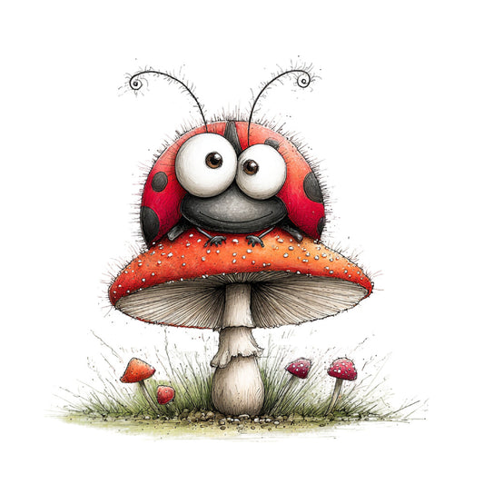 red and white, black accents, coral red, bright red, whimsical, cute, children's, animals, insects, ladybug, mushroom, nature, woodland, garden, spring, summer, playful, charming, illustrated, storybook, fantasy, fungus, grass, small creatures, decorative panel, kid friendly, nursey, enchanted forest, cottage core, magical