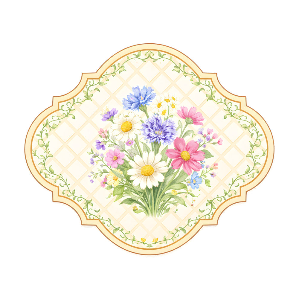 floral, wildflower, daisy, cornflower blue, pink, white, yellow, green, vintage, botanical, garden, spring, summer, elegant, romantic, traditional, cottage style, nature, bouquet, multi-colored, pastels, delicate, ornate border, quilting panel, decorative, classic, feminine, country, ditsy floral