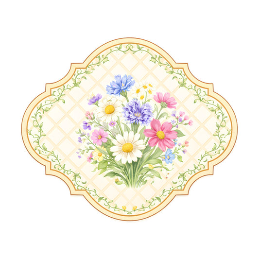 floral, wildflower, daisy, cornflower blue, pink, white, yellow, green, vintage, botanical, garden, spring, summer, elegant, romantic, traditional, cottage style, nature, bouquet, multi-colored, pastels, delicate, ornate border, quilting panel, decorative, classic, feminine, country, ditsy floral