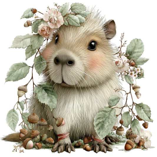 cream, beige, sage green, dusty rose, soft brown, woodland animal, hedgehog, forest creature, floral, roses, acorns, oak leaves, botanical, nature, whimsical, charming, cottage core, rustic, vintage illustration, storybook, children's, nursery, autumn, fall, forest, garden, gentle, sweet, adorable, animal portrait