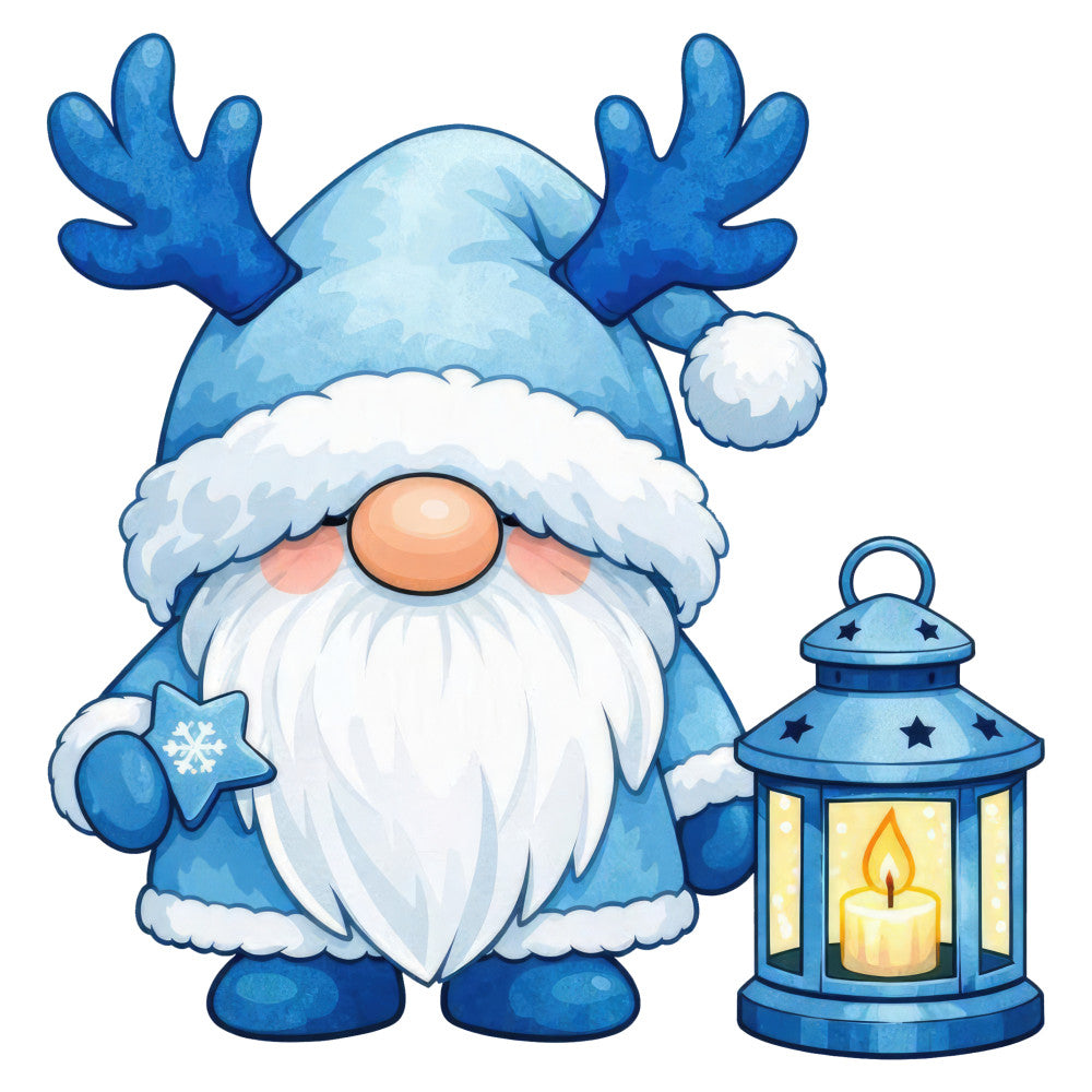 sky blue, royal blue, white, orange, winter gnome, christmas gnome, holiday gnome, scandinavian gnome, lantern, candle, snowflake, whimsical, festive, christmas, winter, holiday, seasonal, gnome motif, blue and white, cozy, traditional, nordic style, scandinavian design, christmas decoration, winter scene, children's, family-friendly, cheerful, merry christmas