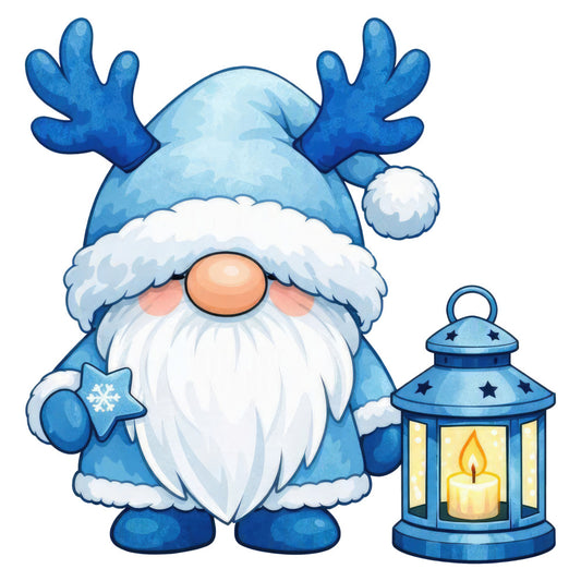 sky blue, royal blue, white, orange, winter gnome, christmas gnome, holiday gnome, scandinavian gnome, lantern, candle, snowflake, whimsical, festive, christmas, winter, holiday, seasonal, gnome motif, blue and white, cozy, traditional, nordic style, scandinavian design, christmas decoration, winter scene, children's, family-friendly, cheerful, merry christmas