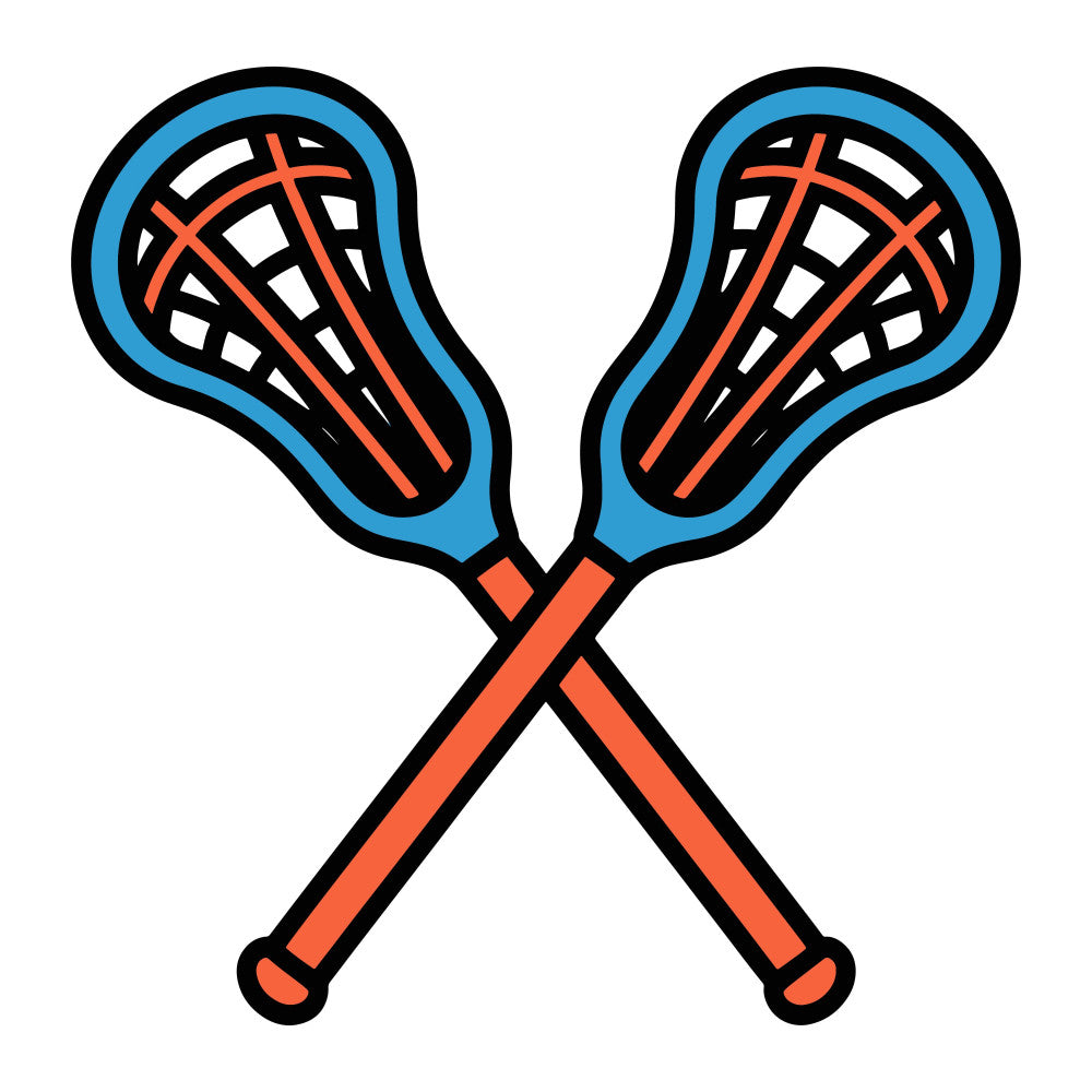 lacrosse, sports, blue, coral orange, red orange, athletic, geometric, crossed sticks, team sports, modern, youth, school spirit, game day, recreational sports, equipment, minimalist, bold colors, action sports, leisure, vibrant orange, sky blue, black outline, trophy sports, active lifestyle, summer sports, spring sports, competitive, dynamic, outdoor recreation