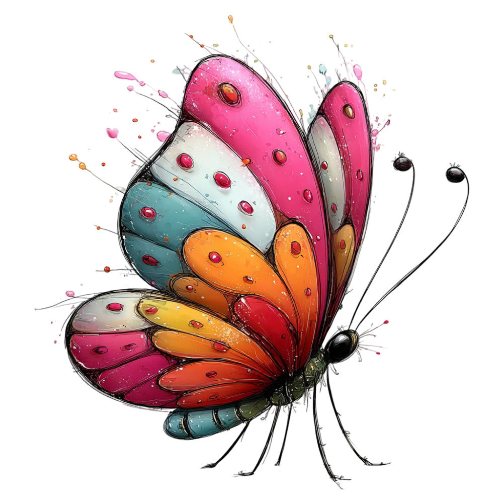 butterfly, colorful, vibrant, pink, magenta, hot pink, coral, orange, yellow, white, teal, blue, red, multi-color, watercolor, whimsical, artistic, nature, insects, spring, summer, garden, modern, contemporary, decorative, children's, playful, splatter, paint effect, wing pattern