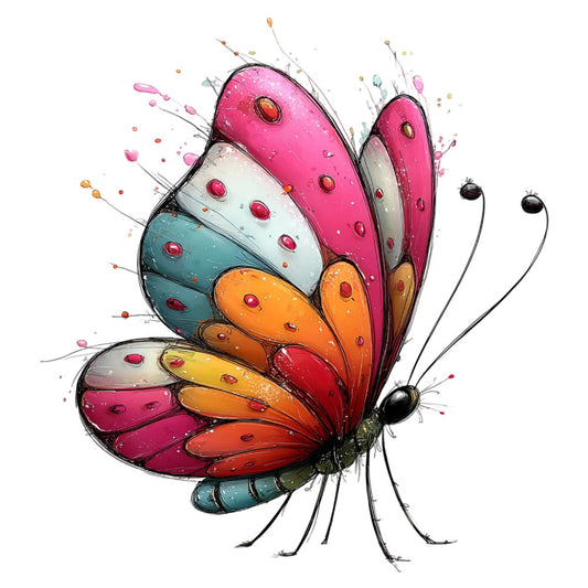 butterfly, colorful, vibrant, pink, magenta, hot pink, coral, orange, yellow, white, teal, blue, red, multi-color, watercolor, whimsical, artistic, nature, insects, spring, summer, garden, modern, contemporary, decorative, children's, playful, splatter, paint effect, wing pattern
