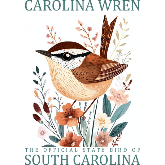 carolina wren, state bird, south carolina, botanical illustration, floral design, brown bird, cream belly, rust colored, teal green, coral flowers, wildflowers, nature motif, fabric panel, quilting cotton, bird artwork, decorative florals, earthy tones, pastel blooms, wildlife design, vintage style