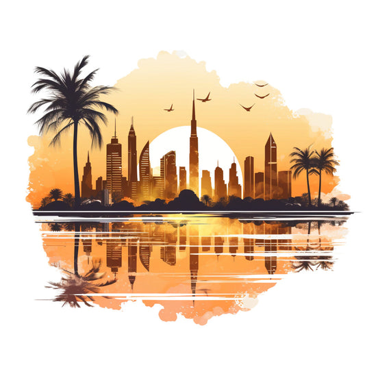 dubai skyline, burj khalifa, cityscape, sunset colors, orange gradient, golden yellow, palm trees, tropical, water reflection, silhouette design, modern architecture, skyscrapers, flying birds, fabric panel, quilting cotton, middle east theme, urban landscape, warm tones, peaceful scene, artistic illustration