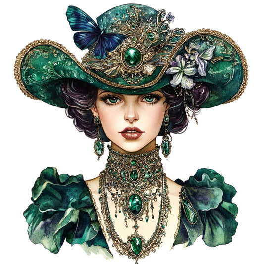 emerald green, forest green, teal, gold, bronze, bronze metallic, dark purple, navy blue, cream, ivory, white, portrait, woman, lady, vintage, elegant, ornate, whimsical, botanical, floral, butterfly, flowers, iris, leaves, jewelry, ornamental, decorative, steampunk, victorian, art deco