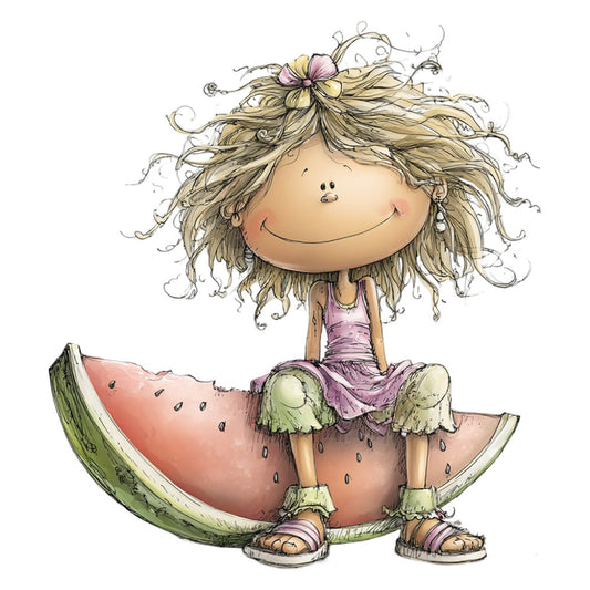 whimsical, children, girl, watermelon, summer, spring, cute, charming, playful, nature, folk art, illustrated, storybook, pastoral, garden, cream, coral pink, sage green, lavender purple, tan, earthy tones, figurative, character, sweet, innocent, nursery, baby, decorative panel, wall hanging, children's clothing