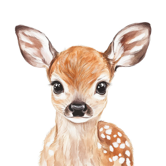 fawn, deer, baby deer, fawny brown, cream, white, tan, caramel, woodland, nature, animals, wildlife, whimsical, cute, sweet, gentle, nursery, baby, children's, illustration, artistic, portrait, forest, natural, soft, spring, summer, adorable