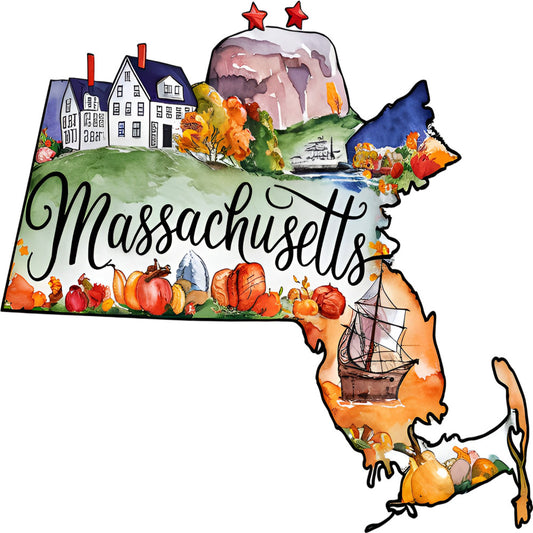Classic US States Fabric Panel 28 featuring Massachusetts with autumn pumpkins, historic houses, sailing ship, and fall foliage artwork.
