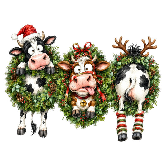 christmas, holiday, cows, farmhouse, whimsical, festive, evergreen, wreaths, red, green, white, black, gold, rustic, animals, livestock, cute, playful, seasonal, winter, decorative, jolly, bells, ribbons, pine, festoon, country, barn animals, humorous, tongue out