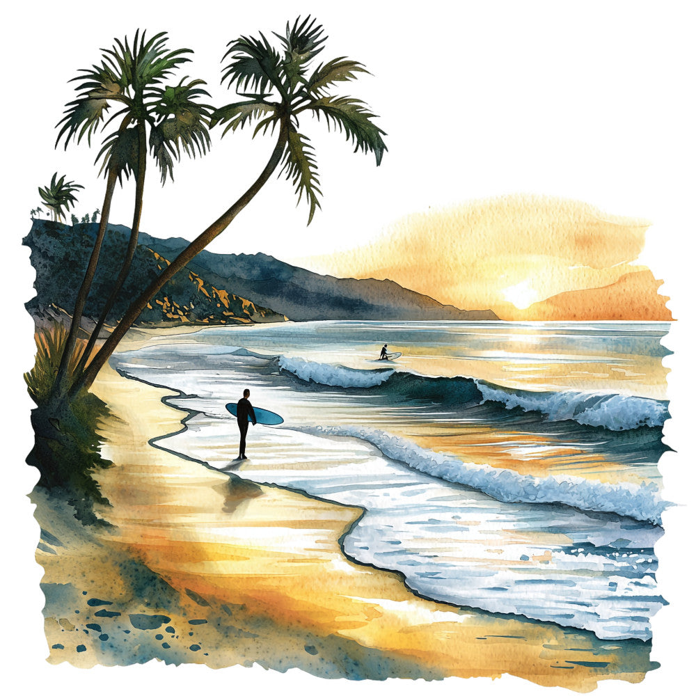 tropical beach scene, palm trees, surfer silhouette, ocean waves, sunset colors, golden yellow, orange hues, blue water, watercolor style, coastal landscape, fabric panel, quilting cotton, summer vibes, california theme, beach vacation, surfboard, mountains background, seaside art, tropical paradise, wave patterns