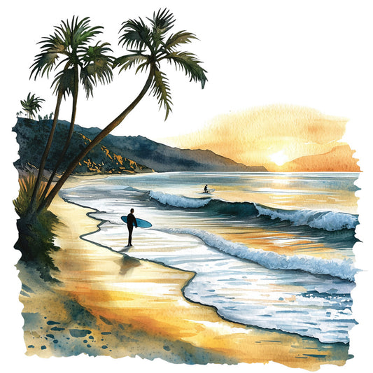 tropical beach scene, palm trees, surfer silhouette, ocean waves, sunset colors, golden yellow, orange hues, blue water, watercolor style, coastal landscape, fabric panel, quilting cotton, summer vibes, california theme, beach vacation, surfboard, mountains background, seaside art, tropical paradise, wave patterns