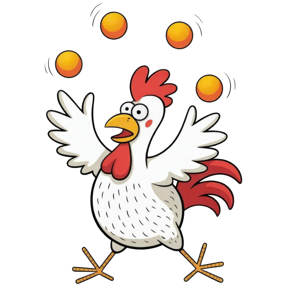 rooster, chicken, farmhouse, red and white, cream, golden yellow, orange, juggling, whimsical, cartoon, farm animals, country, rural, rustic, folk art, playful, bouncing balls, cheerful, children's, animal motif, vintage style, traditional, spring, summer, kitchen decor, home décor, novelty print, cute animals