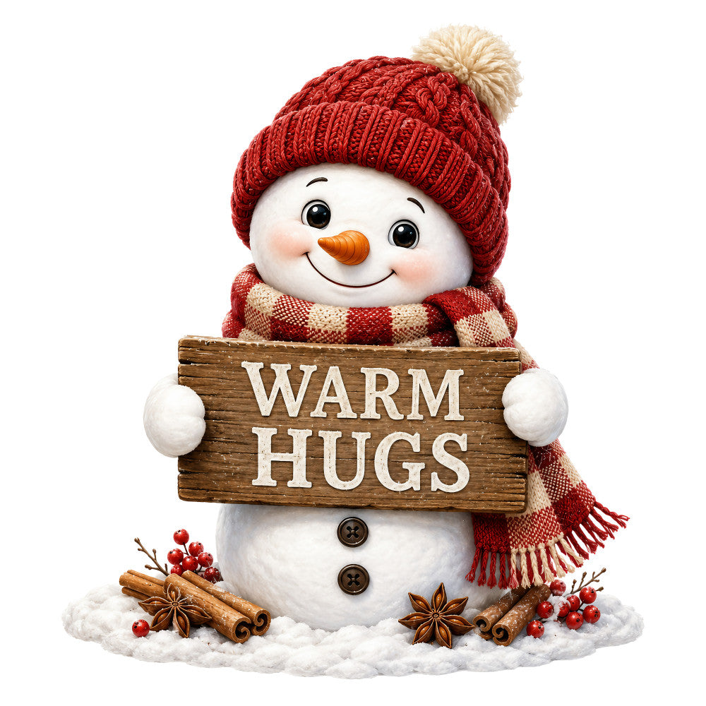 warm hugs, snowman, red, cream, orange, holiday, christmas, winter, festive, whimsical, cute, charming, seasonal, snow, cinnamon sticks, star anise, red berries, knit hat, scarf, cheerful, rustic, traditional, nostalgic, decorative panel, wall hanging, home decor, winter wonderland, cozy