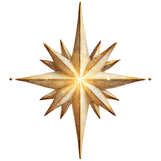 gold, metallic, star, nativity, christmas, religious, celestial, geometric, radiant, pointed rays, golden brown, amber, textured, fabric panel, holiday, spiritual, burst pattern, luminous, festive, quilting cotton