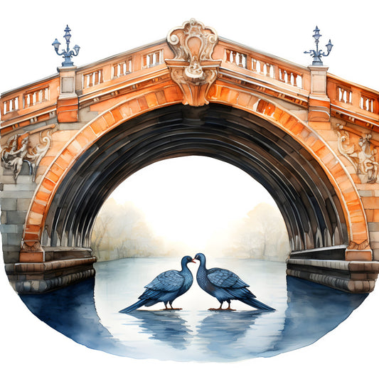 ornate bridge, architectural, blue birds, love birds, romantic, elegant, traditional, victorian, terracotta, rust orange, navy blue, gray stone, water scene, nature, animals, birds, whimsical, decorative arch, heritage, classic, sophisticated, muted tones, gateway, passage, heart shaped necks, pond, architectural detail, timeless, ornamental, literary
