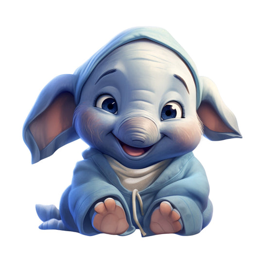 baby elephant, blue pajamas, hoodie, cute cartoon, light blue, navy blue, peach pink, sitting pose, big ears, smiling face, fabric panel, quilting cotton, nursery theme, adorable character, soft pastels, children's fabric, animal sleepwear, kawaii style, baby room, crafting material