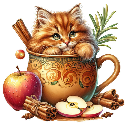 fluffy cat, ginger orange, warm brown, cream, red apple, cinnamon, autumn, fall, rosemary green, whimsical, rustic, vintage, tea pot, decorative pot, apples, cinnamon sticks, star anise, kitchen theme, farmhouse, cozy, spiced, warm tones, animal illustration, cat lover, heritage, folk art style, botanical elements, herbs, natural elements