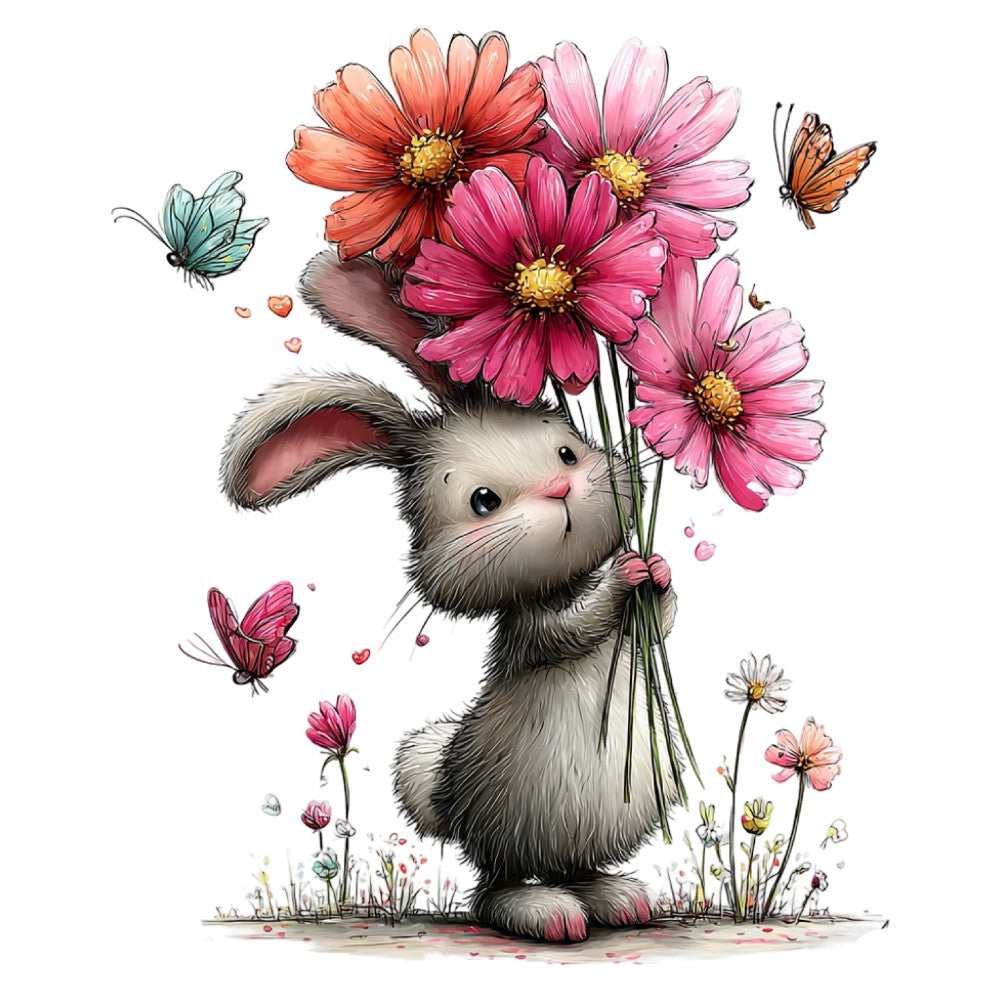 bunny, rabbit, flowers, gerbera daisies, cosmos, pink, coral pink, dusty rose, white, gray, woodland, whimsical, cute, animals, nature, spring, summer, butterflies, heart motifs, floral, garden, sweet, gentle, children's, nursery, playful, illustration style, watercolor, romantic, tender