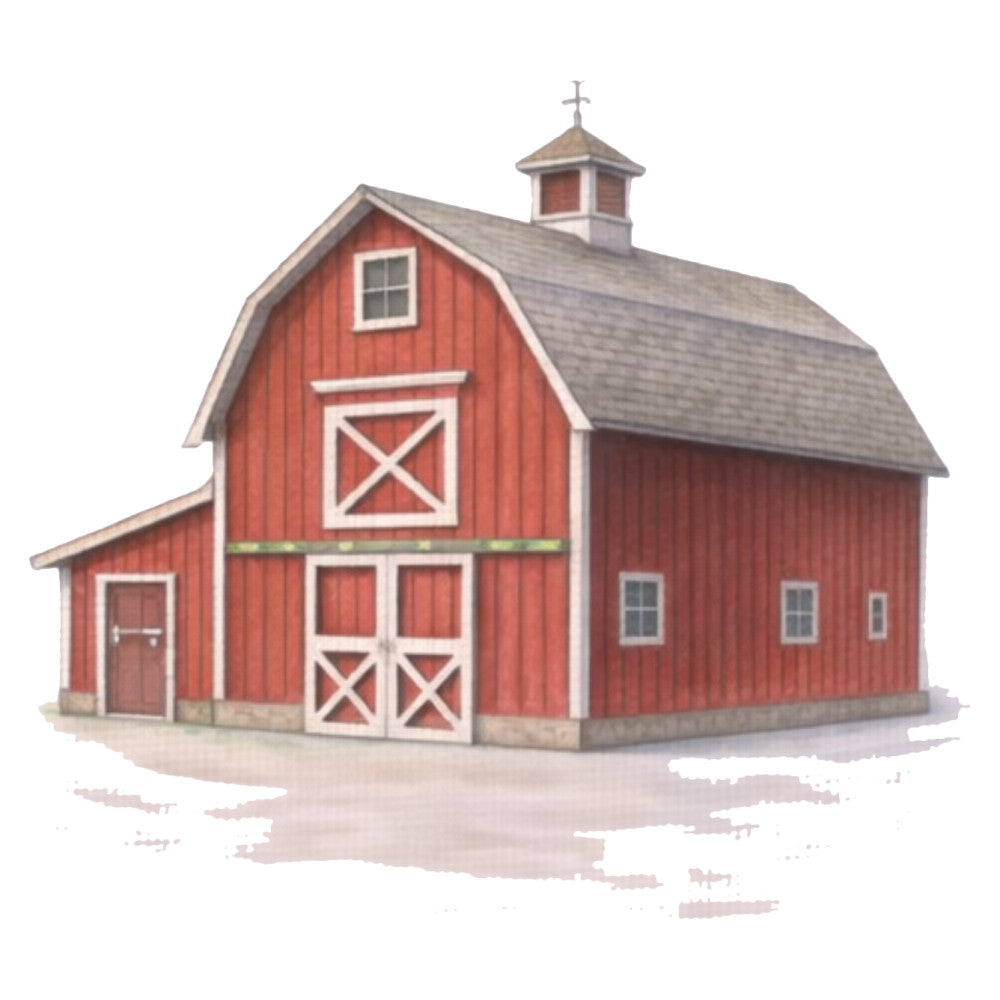 red barn, barn with cross doors, white trim details, gray roof, cupola with cross, farmhouse style, rural americana, country barn, agricultural theme, red and white, neutral gray, cream accents, rustic, traditional, vintage farm, countryside, pastoral, farm animals, harvest theme, rustic americana, nostalgic, cottage core, folk art, decorative barn, architectural, building motif, wall hanging, home decor