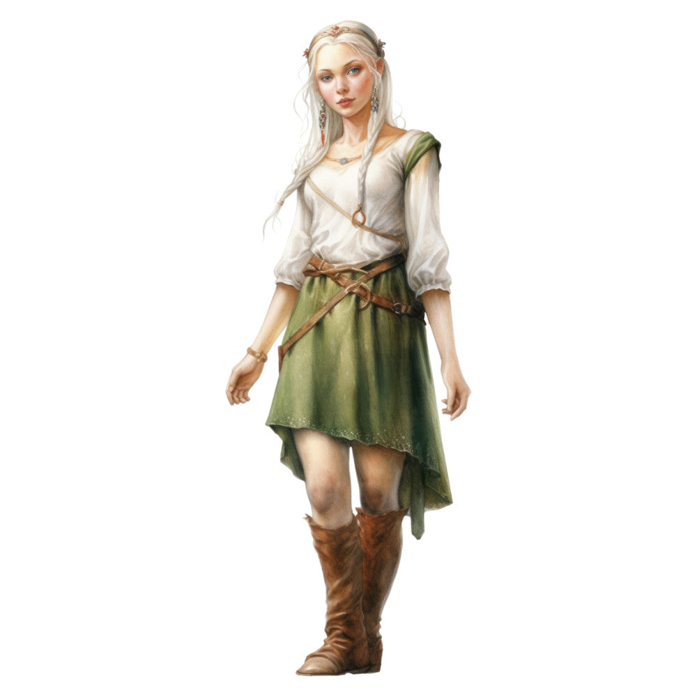cream, sage green, olive green, tan brown, medieval, fantasy, renaissance, historical, adventurer, warrior woman, character portrait, figure, people, fantasy character, steampunk, historical costume, tunic, boots, earthy tones, neutral colors, adventure, character design, game art, dungeons and dragons, costume, apparel-inspired, figure study, character illustration