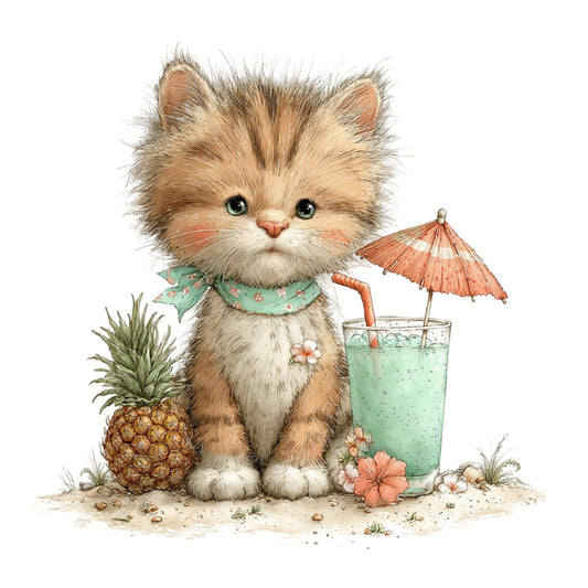 fluffy cat, kitten, adorable animals, beach theme, tropical, summer, vacation, pineapple, mint green, coral pink, tan, cream, whimsical, cute, playful, children's, baby, illustration, watercolor, floral accents, umbrella cocktail, beach umbrella, sand, coastal, resort wear, tropical vibes, soft colors, gentle, sweet, nursery