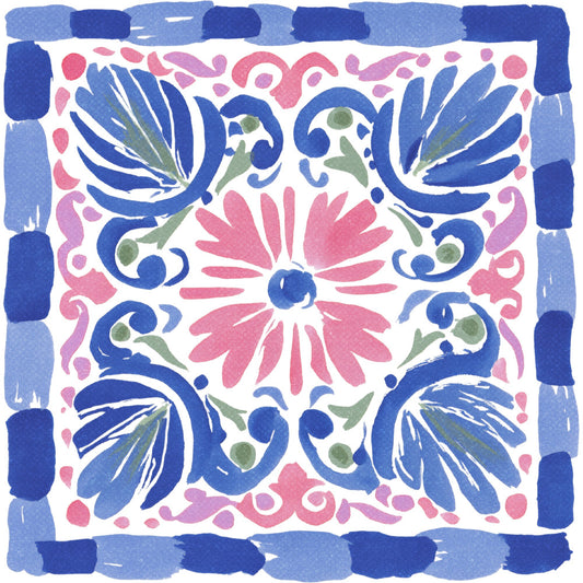 navy blue, coral pink, light blue, sage green, floral, daisy, symmetrical, geometric, bohemian, traditional, whimsical, elegant, spring, summer, nature, botanical, decorative arts, folk art, ornamental, scrollwork, curving petals, vibrant, colorful, cottage style, vintage inspired, hand painted, medallion design, centered motif, border pattern, timeless