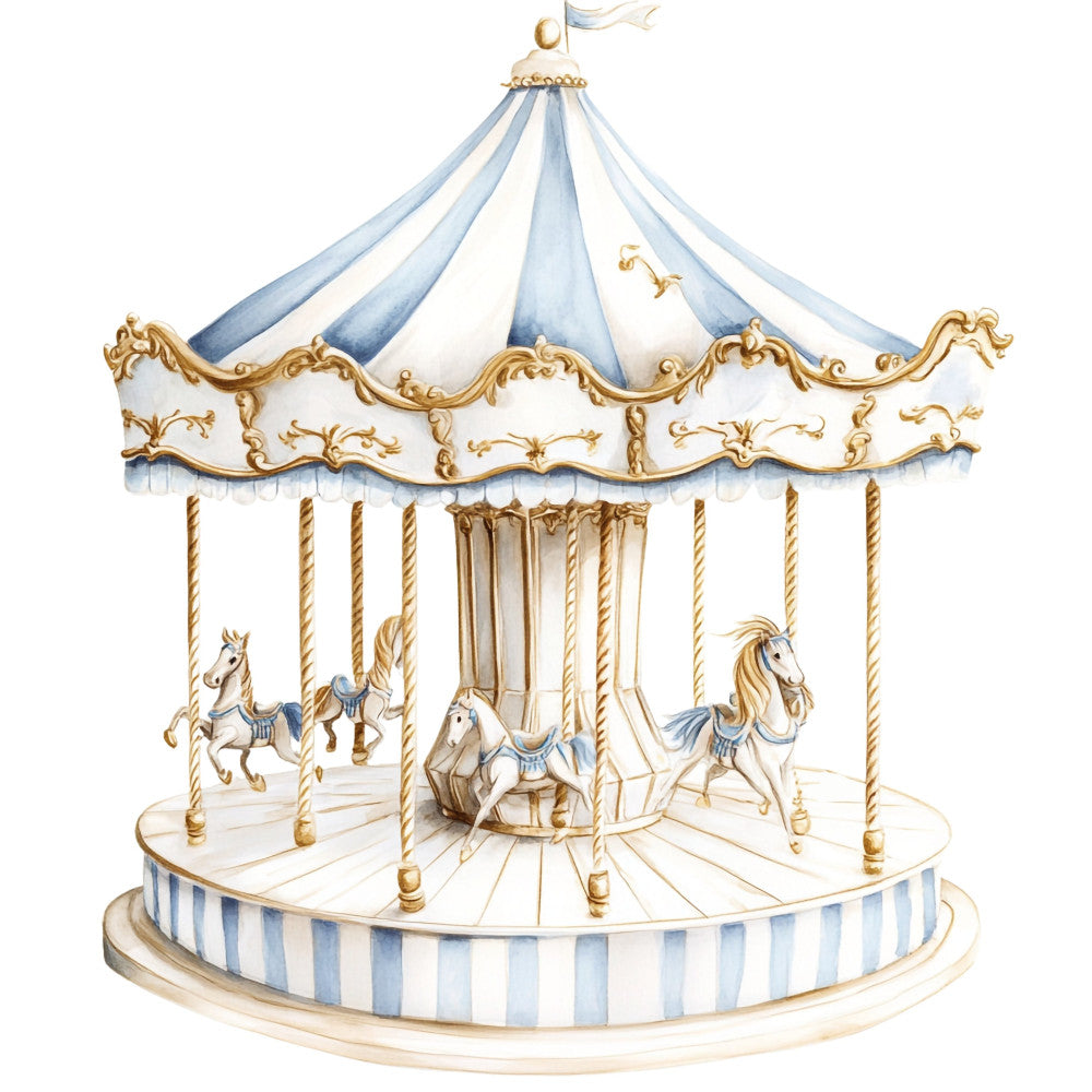 carousel, merry-go-round, horses, vintage, whimsical, nostalgic, light blue, pale blue, cream, gold, elegant, classic, children's, nursery, baby, pastel, striped, ornate, decorative, amusement park, fairground, retro, timeless, traditional, romantic, soft colors, whimsical animals, vintage carnival, dreamy, storybook