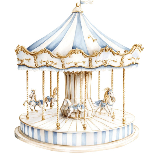 carousel, merry-go-round, horses, vintage, whimsical, nostalgic, light blue, pale blue, cream, gold, elegant, classic, children's, nursery, baby, pastel, striped, ornate, decorative, amusement park, fairground, retro, timeless, traditional, romantic, soft colors, whimsical animals, vintage carnival, dreamy, storybook