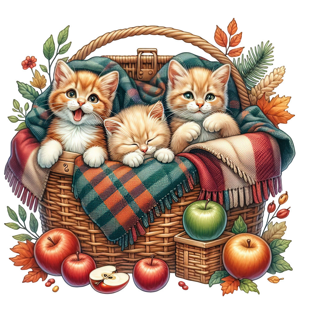 autumn, fall, kittens, cats, cute animals, cozy, plaid, tartan, woodland, forest green, rust orange, cream, warm tones, blanket, apples, fruit, harvest, seasonal, rustic, farmhouse, whimsical, charming, picnic basket, leaves, botanical, nature, children's, baby, playful, traditional
