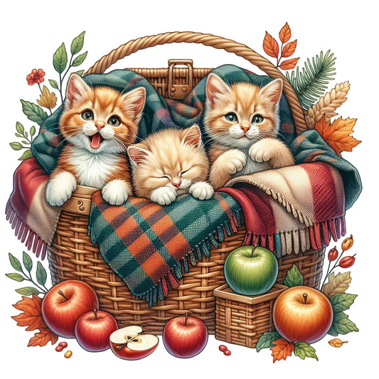 autumn, fall, kittens, cats, cute animals, cozy, plaid, tartan, woodland, forest green, rust orange, cream, warm tones, blanket, apples, fruit, harvest, seasonal, rustic, farmhouse, whimsical, charming, picnic basket, leaves, botanical, nature, children's, baby, playful, traditional
