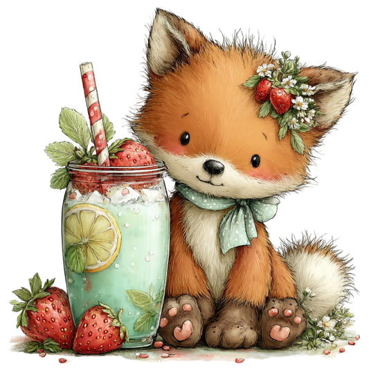 cute fox, strawberry, mint green, cream white, coral orange, rust orange, whimsical, woodland animals, nature, floral, daisy, berries, spring, summer, sweet, adorable, children's, baby, cottage core, farmhouse, vintage, illustration style, animals with food, lemonade, refreshing, garden theme, pastel colors, bow ribbon, folk art, storybook style