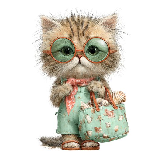 fluffy cat, adorable cat, cute cat, whimsical animal, sea green, sage green, coral pink, rust orange, tan, cream, beige, cat with glasses, cat illustration, vintage style, retro, quirky, charming, nautical theme, seashells, starfish, beach bag, seaside, summer, coastal, vintage inspired, children's fabric, novelty print, cat lover, beach motifs
