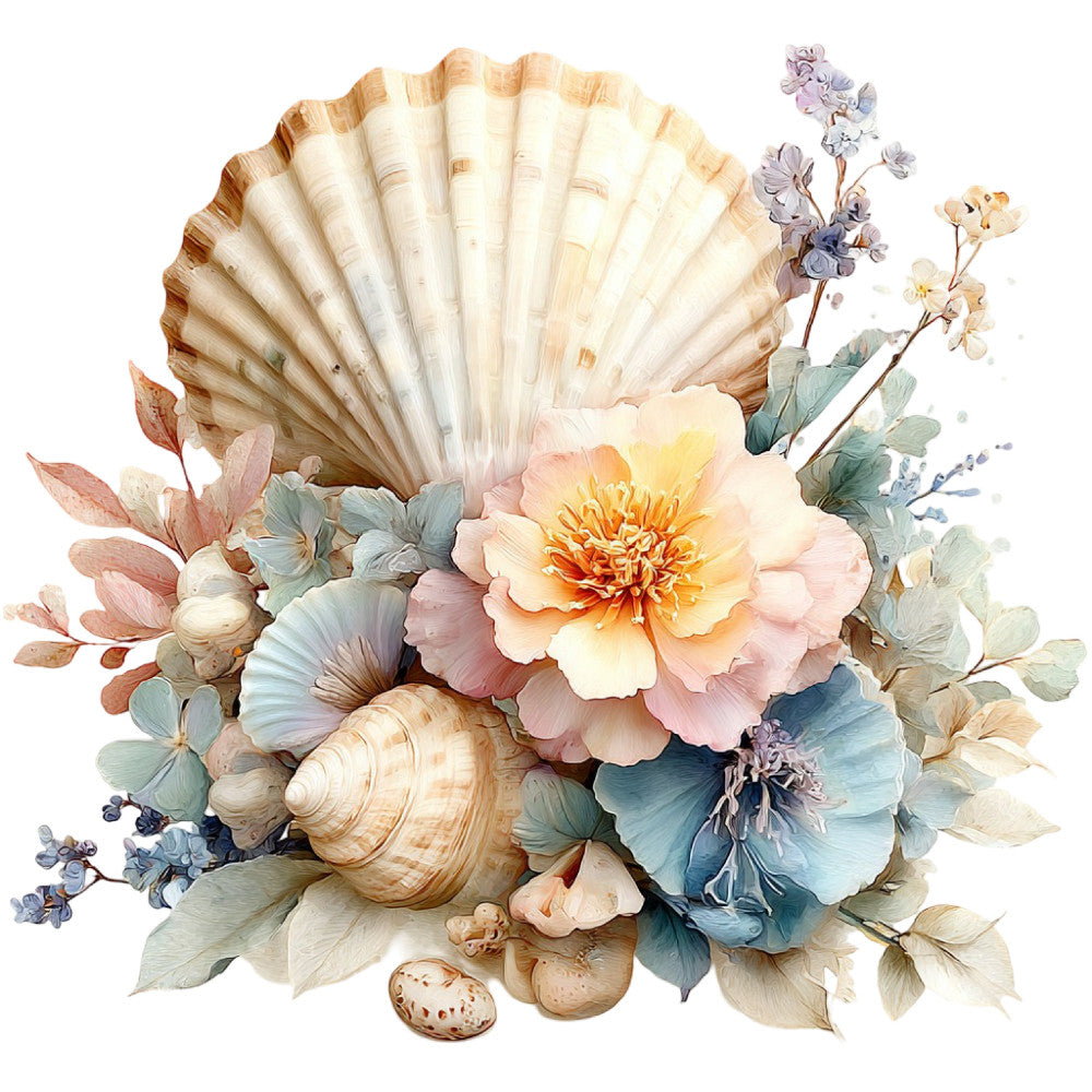 seashell, floral, botanical, coastal, beach, nautical, peony, dahlia, cream, soft pink, dusty blue, sage green, coral orange, pastel, vintage, elegant, romantic, whimsical, nature, seaside, ocean, shell motif, flowers, delicate, feminine, spring, summer, garden, watercolor, soft colors