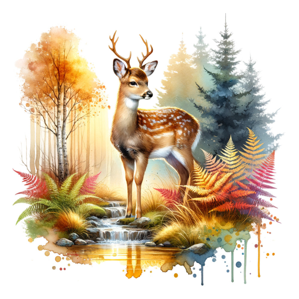 deer, woodland, forest, nature, animals, wildlife, autumn, fall, watercolor, artistic, whimsical, rustic, golden yellow, warm orange, forest green, cream, ferns, evergreen trees, stream, water, elegant, natural, seasonal, home decor, wall hanging, landscape, botanical, stag, buck, majestic