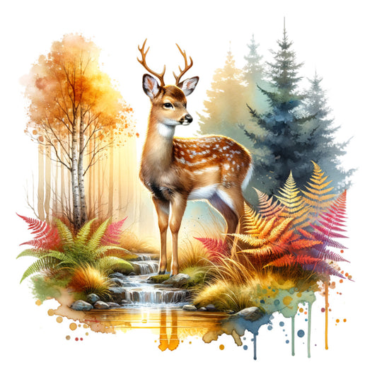 deer, woodland, forest, nature, animals, wildlife, autumn, fall, watercolor, artistic, whimsical, rustic, golden yellow, warm orange, forest green, cream, ferns, evergreen trees, stream, water, elegant, natural, seasonal, home decor, wall hanging, landscape, botanical, stag, buck, majestic