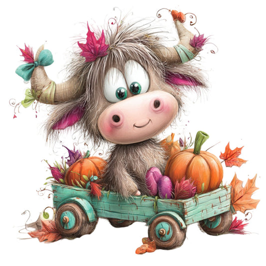 whimsical, cow, autumn, fall, orange, turquoise, pink, magenta, rustic, farmhouse, pumpkin, harvest, woodland, cute, adorable, children's, baby, animals, flowers, floral, folk art, cottage core, vintage, playful, nature, seasonal, pumpkins, leaves, festive, colorful