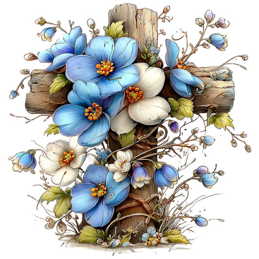 blue flowers, white flowers, orange centers, wooden cross, rustic wood, green leaves, purple buds, floral arrangement, botanical design, fabric panel, quilting cotton, spring blooms, weathered wood, nature motif, cottage style, soft pastels, garden flowers, cross design, religious theme, delicate vines