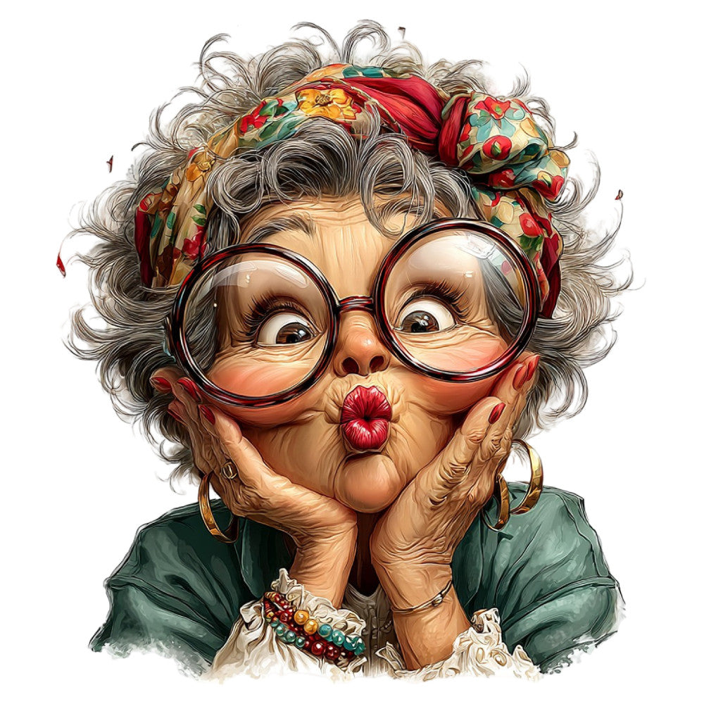 grandma, gray hair, glasses, whimsical, vintage, humorous, floral headwrap, red lips, forest green, gold accents, retro fashion, playful, character portrait, novelty, whimsy, quirky, fun, colorful, botanical, traditional, cheerful, cheeky expression, folk art, cottage core, statement piece, wall hanging, decorative panel, joy, personality, festive