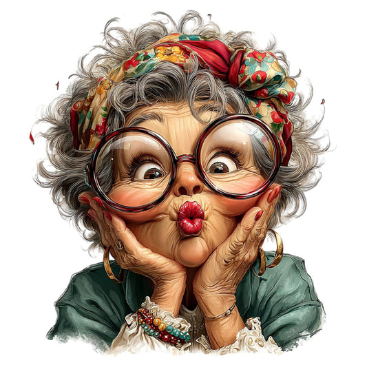 grandma, gray hair, glasses, whimsical, vintage, humorous, floral headwrap, red lips, forest green, gold accents, retro fashion, playful, character portrait, novelty, whimsy, quirky, fun, colorful, botanical, traditional, cheerful, cheeky expression, folk art, cottage core, statement piece, wall hanging, decorative panel, joy, personality, festive