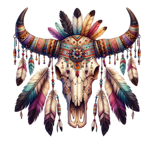 bull skull, feathers, tribal patterns, geometric designs, turquoise, burgundy, orange, cream, purple, native american inspired, southwestern style, horns, beadwork motifs, fabric panel, quilting cotton, bohemian, dreamcatcher elements, earth tones, decorative skull, spiritual symbols
