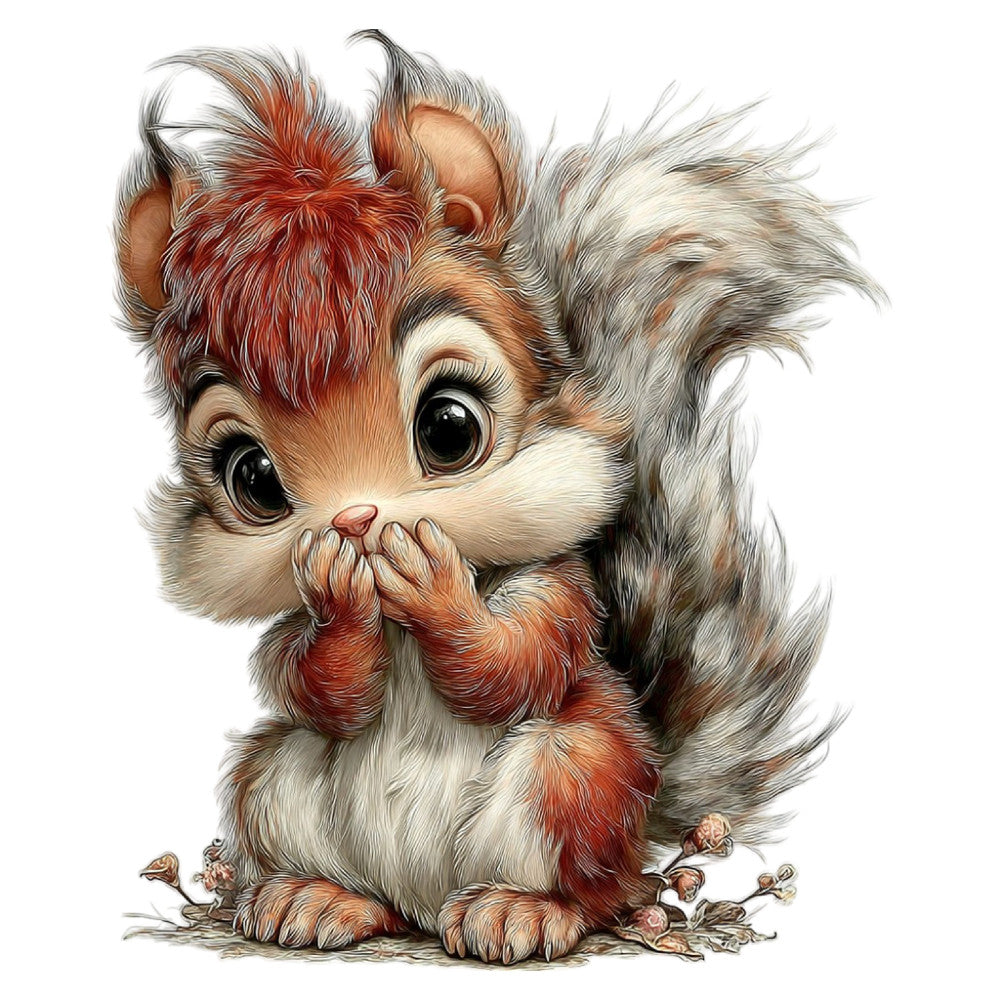 adorable animals, whimsical, cute creature, woodland, forest animal, squirrel, red and white, cream colored, rustic, vintage style, children's illustration, storybook, nursery, baby quilt, wall hanging, autumn colors, rust red, gray and white, expressive eyes, charming character, folk art, cottage core, nature themed, animal portrait, playful, innocent, endearing, illustration art