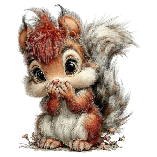 adorable animals, whimsical, cute creature, woodland, forest animal, squirrel, red and white, cream colored, rustic, vintage style, children's illustration, storybook, nursery, baby quilt, wall hanging, autumn colors, rust red, gray and white, expressive eyes, charming character, folk art, cottage core, nature themed, animal portrait, playful, innocent, endearing, illustration art