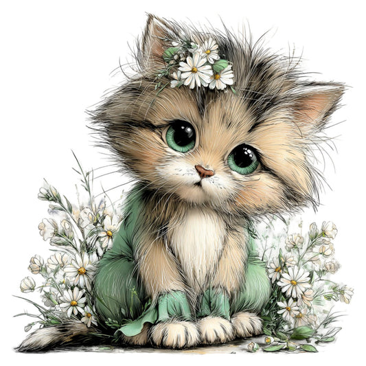 fluffy cat, kitten, green eyes, daisies, white flowers, floral, nature, whimsical, cute animals, woodland, cottage core, sage green, cream, tan, brown, soft colors, flower crown, gentle, sweet, springtime, summer, botanical, nature lover, baby nursery, wall art, decorative panel, children's design, playful, illustration style, delicate florals